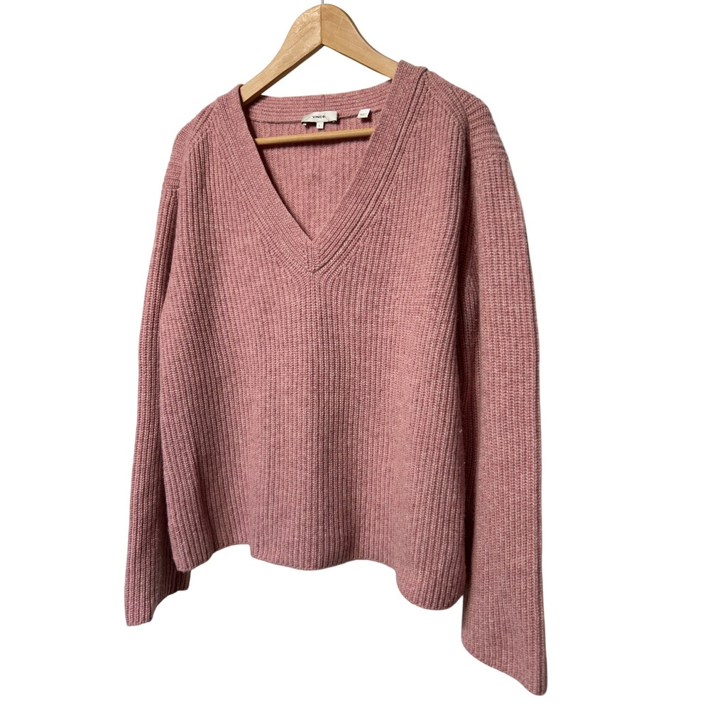 Vince 100% Cashmere Ribbed‎ V Neck Long Sleeve Sweater Dusty Rose Women's L EUC